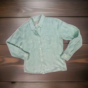 Banana Republic Soft Wash Linen Slim Fit Med Button Up Shirt Light Green Striped